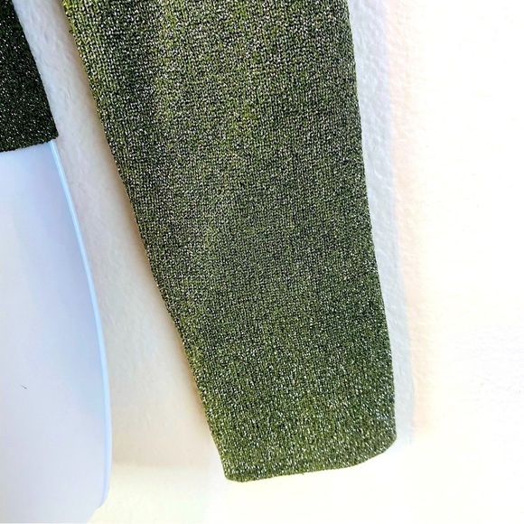 House Of Harlow 1960 Silver Metallic Shimmer Moss Green Stretch Knit Top Size L - Picture 6 of 11